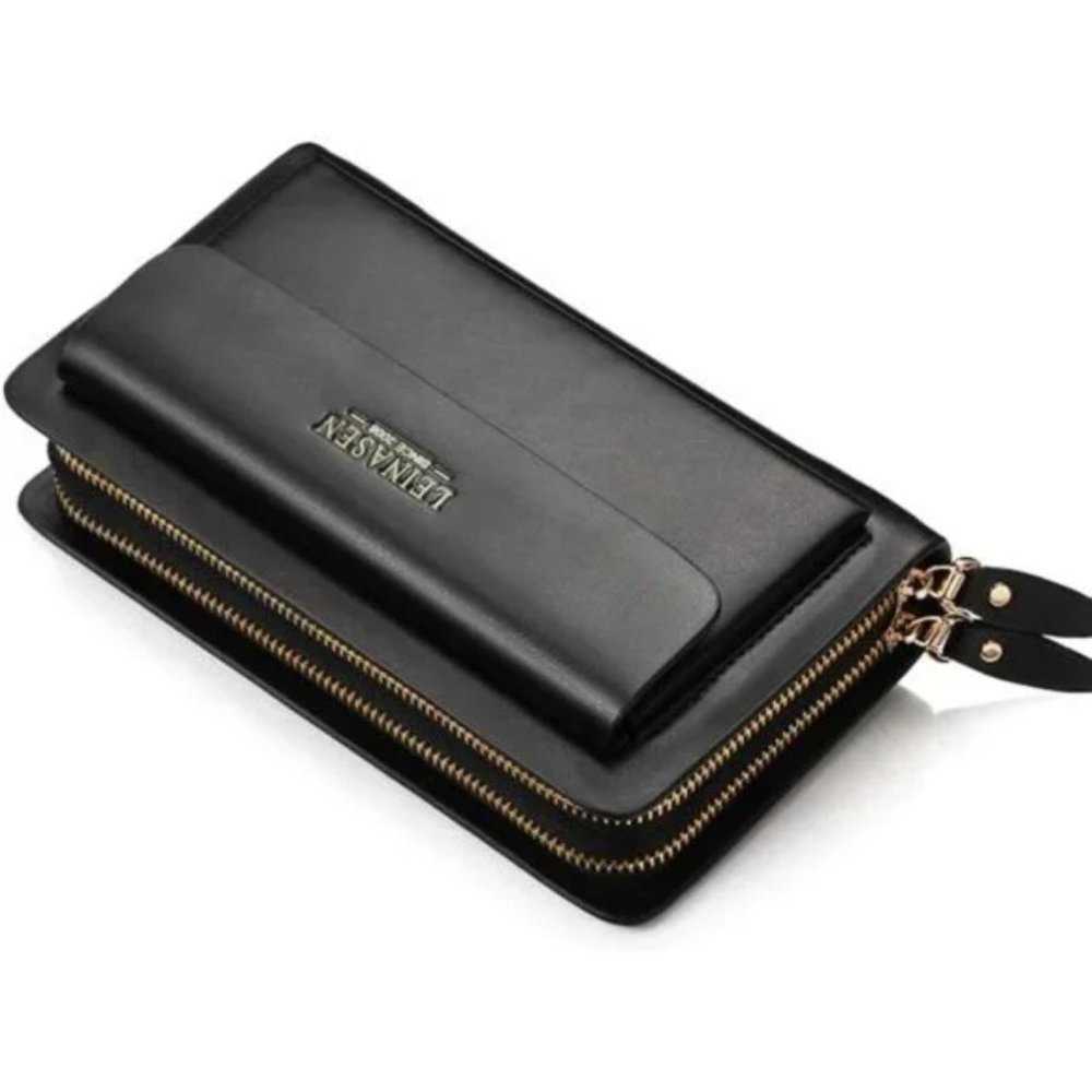 New Mens Large Long Leather Clutch Hand Bag Black
